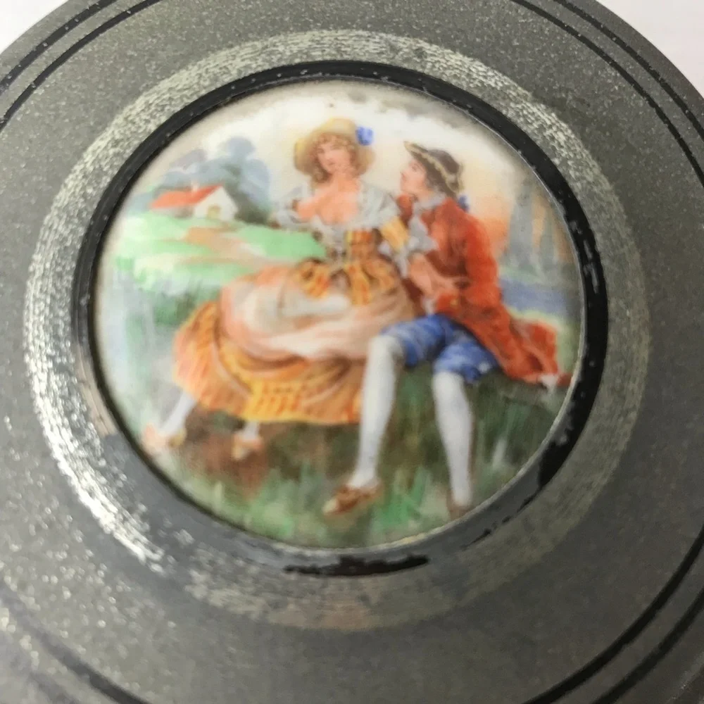 Vintage Metallic Powder Puff Music Box - Vanity Round Drum Box - Switzerland
